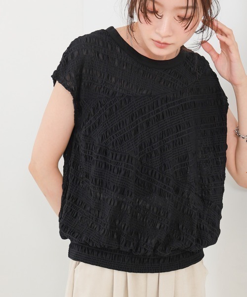 Bab(バブ)の「シャーリング切り替えトップス(Tシャツ/カットソー・レディース・オフホワイト/アイボリー/ブラック・FREE)」の3枚目の写真