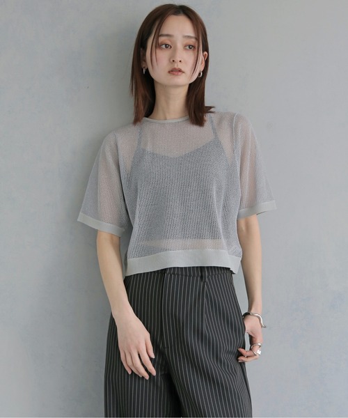 &g'aime(アンジェム)の「【&g'aime 】2wayラメメッシュショートニット 2-Way Lame Mesh short Knit Top(ニット/セーター・レディース・アイボリー/グレー/ブラック・FREE)」の1枚目の写真