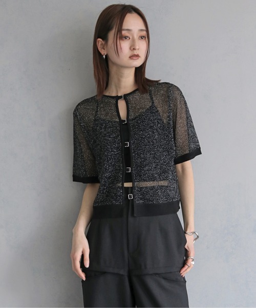 &g'aime(アンジェム)の「【&g'aime 】2wayラメメッシュショートニット 2-Way Lame Mesh short Knit Top(ニット/セーター・レディース・アイボリー/グレー/ブラック・FREE)」の3枚目の写真