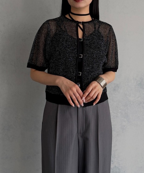 &g'aime(アンジェム)の「【&g'aime 】2wayラメメッシュショートニット 2-Way Lame Mesh short Knit Top(ニット/セーター・レディース・アイボリー/グレー/ブラック・FREE)」の15枚目の写真
