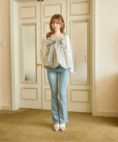 TITTY&CO.（ティティーアンドコー）の「チェックリボンキャミトップス（キャミソール・レディース・ネイビー/ブラック/ライトブルー/ホワイト・FREE）」の6枚目の写真