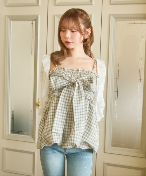 TITTY&CO.（ティティーアンドコー）の「チェックリボンキャミトップス（キャミソール・レディース・ネイビー/ブラック/ライトブルー/ホワイト・FREE）」の12枚目の写真