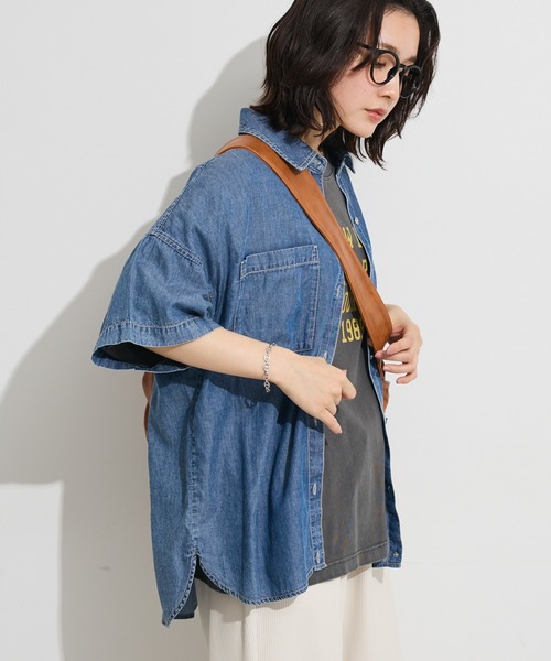 Green Parks(グリーンパークス)の「半袖シアーデニムシャツ(シャツ/ブラウス・レディース・インディゴブルー/ブラック/ライトインディゴブルー・FREE)」の1枚目の写真