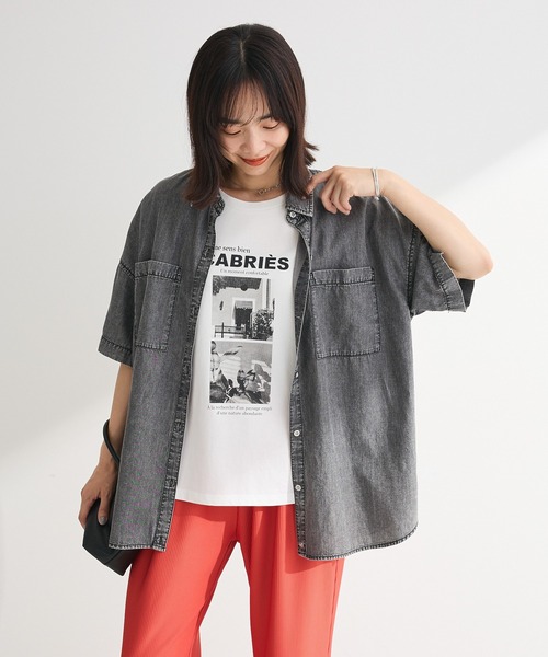 Green Parks(グリーンパークス)の「半袖シアーデニムシャツ(シャツ/ブラウス・レディース・インディゴブルー/ブラック/ライトインディゴブルー・FREE)」の13枚目の写真
