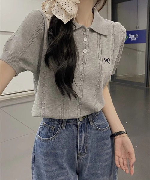 LAFFMO(ラフモ)の「リボン刺繍半袖ポロニット(ニット/セーター・レディース・ホワイト/ブラック/グレー・F)」の10枚目の写真