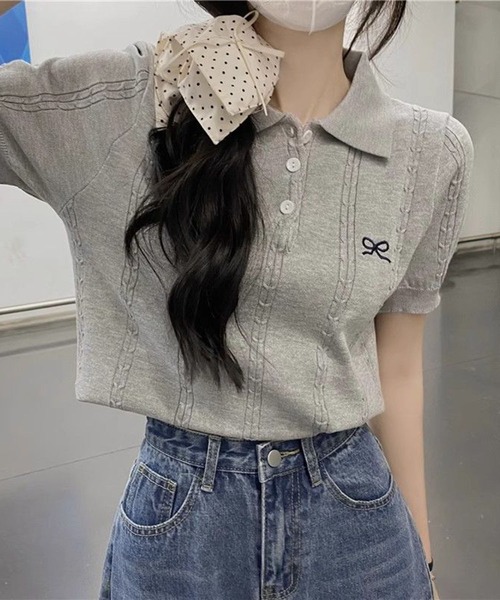 LAFFMO(ラフモ)の「リボン刺繍半袖ポロニット(ニット/セーター・レディース・ホワイト/ブラック/グレー・F)」の11枚目の写真