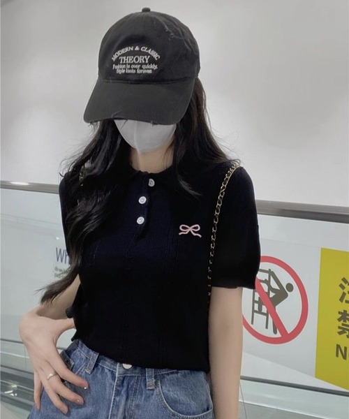 LAFFMO(ラフモ)の「リボン刺繍半袖ポロニット(ニット/セーター・レディース・ホワイト/ブラック/グレー・F)」の8枚目の写真