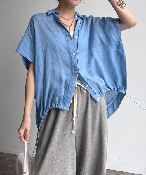 DouDou(ドゥドゥ)の「【夏映え/華奢見え】リネンドロストフレンチシャツ(シャツ/ブラウス・レディース・オフホワイト/ブラック/ピンク/ベージュ/ブルー・FREE)」の7枚目の写真