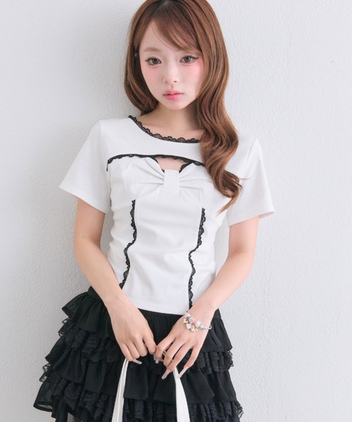 OLIVE des OLIVE（オリーブデオリーブ）の「デコルテ開きリボントップス（Tシャツ/カットソー・レディース・ベージュ/ブラック/オフホワイト・FREE）」の13枚目の写真