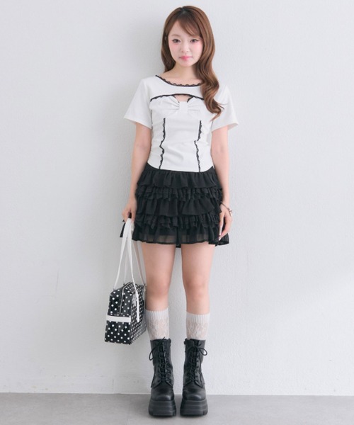 OLIVE des OLIVE（オリーブデオリーブ）の「デコルテ開きリボントップス（Tシャツ/カットソー・レディース・ベージュ/ブラック/オフホワイト・FREE）」の14枚目の写真