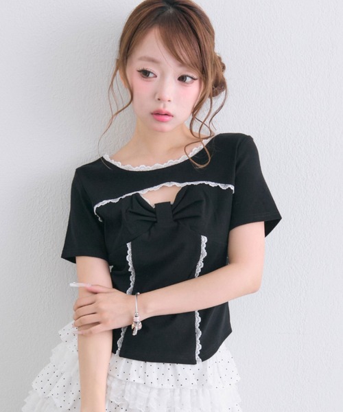 OLIVE des OLIVE（オリーブデオリーブ）の「デコルテ開きリボントップス（Tシャツ/カットソー・レディース・ベージュ/ブラック/オフホワイト・FREE）」の18枚目の写真