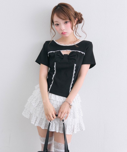 OLIVE des OLIVE（オリーブデオリーブ）の「デコルテ開きリボントップス（Tシャツ/カットソー・レディース・ベージュ/ブラック/オフホワイト・FREE）」の19枚目の写真