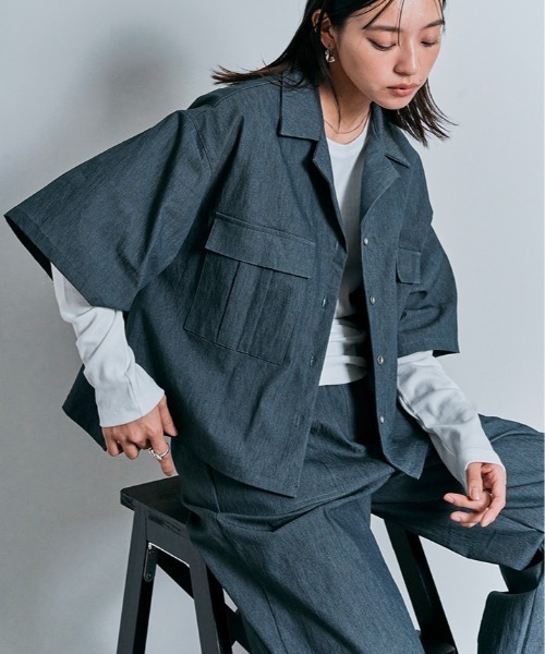 W:Huku（フーク）の「ダブル ポケット ハーフ シャツ ジャケット（シャツ/ブラウス・レディース・ホワイト系その他/ブルー系その他/ブラック/アッシュグレー・M/L）」の4枚目の写真