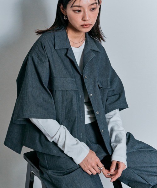 W:Huku（フーク）の「ダブル ポケット ハーフ シャツ ジャケット（シャツ/ブラウス・レディース・ホワイト系その他/ブルー系その他/ブラック/アッシュグレー・M/L）」の7枚目の写真