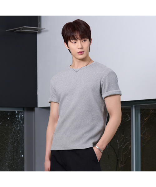 HYOJI（ヒョージ）の「26 SS セミクロップワッフルラウンド半袖Tシャツ (3カラー)（Tシャツ/カットソー・メンズ・ホワイト/ブラック/ミックスグレー・M/L）」の3枚目の写真