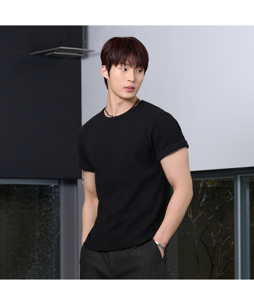 HYOJI（ヒョージ）の「26 SS セミクロップワッフルラウンド半袖Tシャツ (3カラー)（Tシャツ/カットソー・メンズ・ホワイト/ブラック/ミックスグレー・M/L）」の2枚目の写真