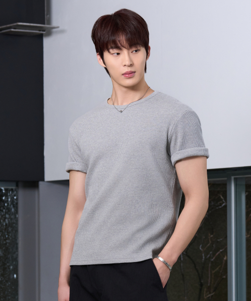 HYOJI（ヒョージ）の「26 SS セミクロップワッフルラウンド半袖Tシャツ (3カラー)（Tシャツ/カットソー・メンズ・ホワイト/ブラック/ミックスグレー・M/L）」の5枚目の写真