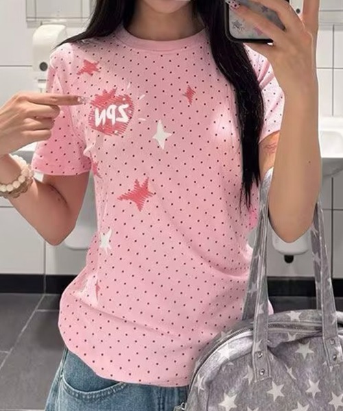 AsheKsha(アシクシャ)の「ドット柄半袖トップス(Tシャツ/カットソー・レディース・ピンク・M)」の1枚目の写真