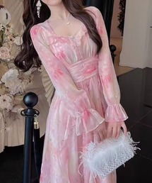 メタリックプリント ビジュー フリル ロングワンピース