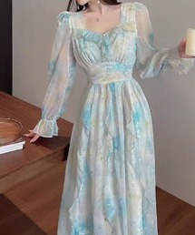 メタリックプリント ビジュー フリル ロングワンピース