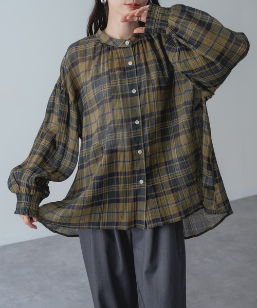 refinedworks(リファインドワークス)の「【refinedworks】袖まくりもサマになる! シアー チェック柄 バンドカラー ブラウス(シャツ/ブラウス・レディース・グレー/イエロー/ネイビー・FREE)」の15枚目の写真