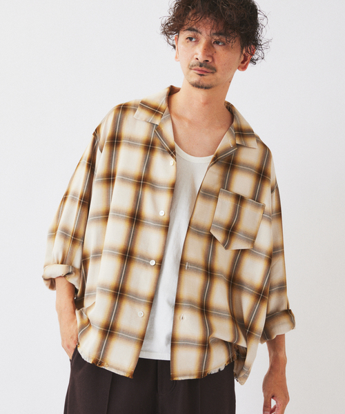 JOURNAL STANDARD relume(ジャーナルスタンダード レリューム)の「レーヨン アンカット フリンジ オンブレ チェックシャツ(シャツ/ブラウス・メンズ・アイボリー/ブラック/グリーン・MEDIUM/LARGE)」の6枚目の写真