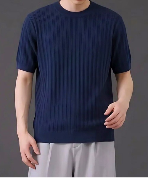 revertical(リバーティカル)の「リブ編み クルーネック 半袖サマーニットTシャツ(Tシャツ/カットソー・メンズ・ネイビー/ブラック/ホワイト/ライトブルー・MEDIUM/LARGE)」の4枚目の写真