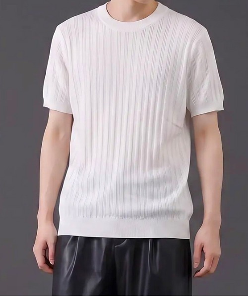 revertical(リバーティカル)の「リブ編み クルーネック 半袖サマーニットTシャツ(Tシャツ/カットソー・メンズ・ネイビー/ブラック/ホワイト/ライトブルー・MEDIUM/LARGE)」の1枚目の写真