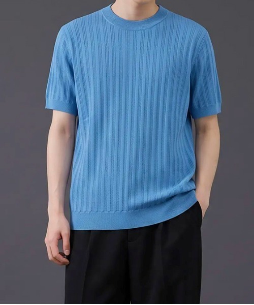revertical(リバーティカル)の「リブ編み クルーネック 半袖サマーニットTシャツ(Tシャツ/カットソー・メンズ・ネイビー/ブラック/ホワイト/ライトブルー・MEDIUM/LARGE)」の3枚目の写真