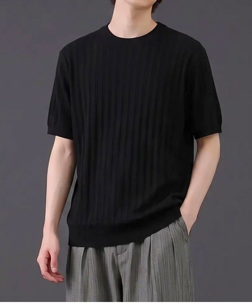 revertical(リバーティカル)の「リブ編み クルーネック 半袖サマーニットTシャツ(Tシャツ/カットソー・メンズ・ネイビー/ブラック/ホワイト/ライトブルー・MEDIUM/LARGE)」の2枚目の写真