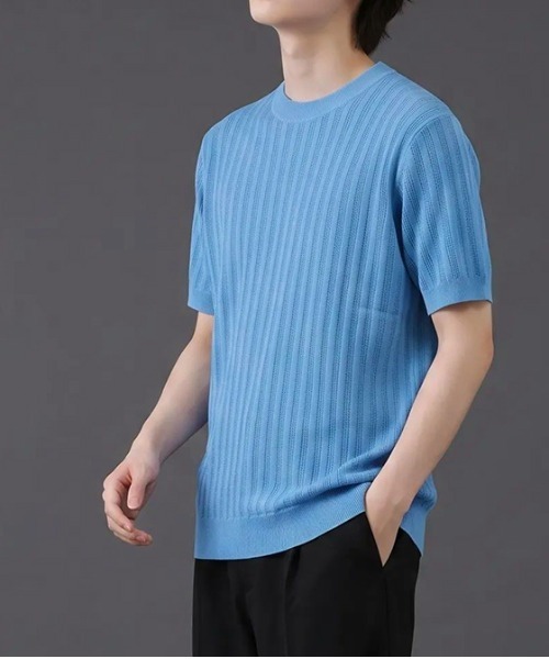 revertical(リバーティカル)の「リブ編み クルーネック 半袖サマーニットTシャツ(Tシャツ/カットソー・メンズ・ネイビー/ブラック/ホワイト/ライトブルー・MEDIUM/LARGE)」の16枚目の写真
