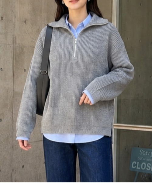 La-gemme(ラジェム)の「ハーフジップトップス/リブニット/サイドスリット(ニット/セーター・レディース・ブラウン/ブラック/アイボリー/グレー・フリー)」の10枚目の写真