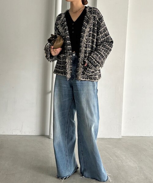 DouDou（ドゥドゥ）の「ツイードニットジャケット（ブルゾン・レディース・グレー/ブラック・FREE）」の4枚目の写真