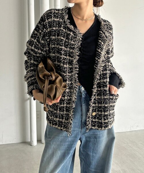DouDou（ドゥドゥ）の「ツイードニットジャケット（ブルゾン・レディース・グレー/ブラック・FREE）」の10枚目の写真