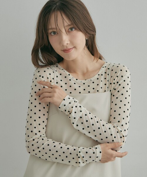 couture brooch(クチュールブローチ)の「フロッキードットチュールトップス(Tシャツ/カットソー・レディース・ブラック系/ダークブラウン系/アイボリー系・38)」の1枚目の写真