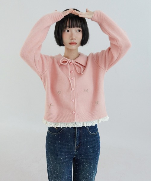 by muni:r(バイ ムニール)の「キャンディリボンレースカラーニットカーディガン/2026 AW COLLECTION(ニット/セーター・レディース・アイボリー/ピンク/グレー/レッド・FREE)」の18枚目の写真
