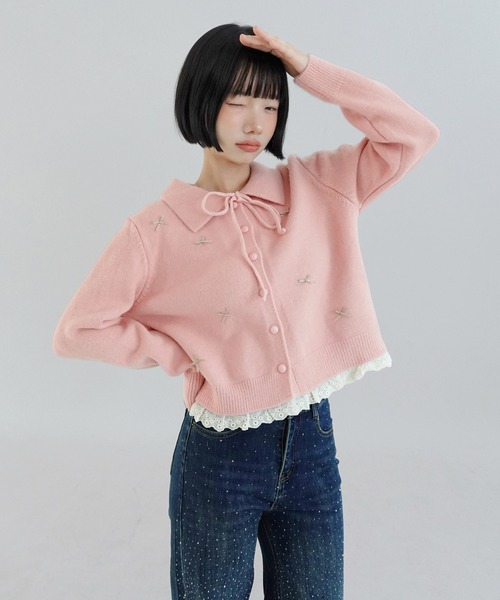 by muni:r(バイ ムニール)の「キャンディリボンレースカラーニットカーディガン/2026 AW COLLECTION(ニット/セーター・レディース・アイボリー/ピンク/グレー/レッド・FREE)」の19枚目の写真