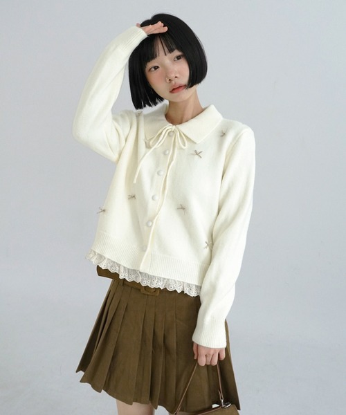 by muni:r(バイ ムニール)の「キャンディリボンレースカラーニットカーディガン/2026 AW COLLECTION(ニット/セーター・レディース・アイボリー/ピンク/グレー/レッド・FREE)」の10枚目の写真