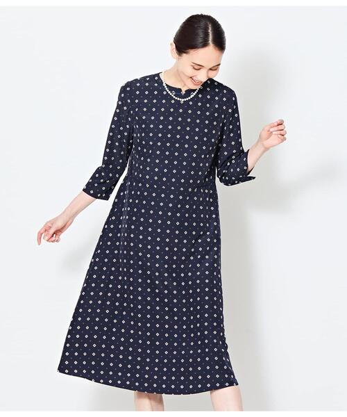 ダイヤ小紋プリント キーネック7分袖ワンピース（ワンピース 