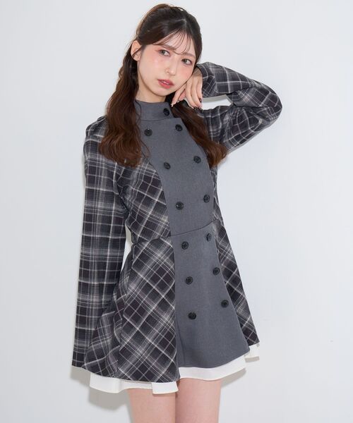 MAJESTIC LEGON(マジェスティックレゴン)の「ダブル釦配色チェックミニワンピ(ワンピース・レディース・グレー系その他/ブラウン系その他2・MEDIUM)」の15枚目の写真