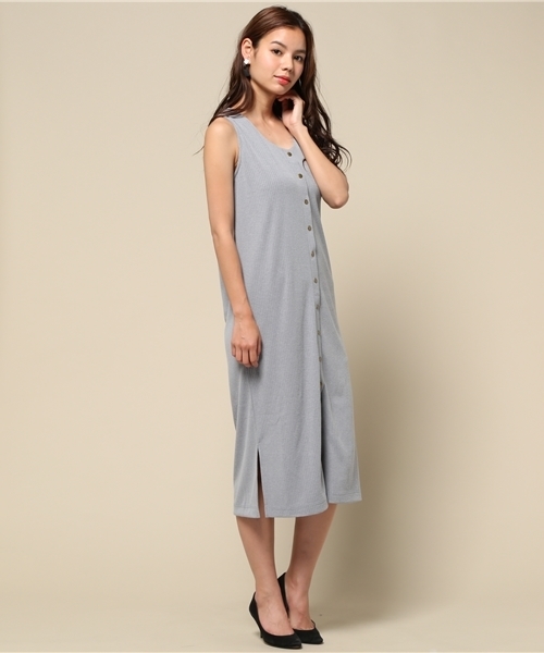 goocy（グースィー）の「フロントボタンリブロングワンピース（ワンピース・レディース・ピンク/マスタード/ネイビー/グレー・FREE）」の2枚目の写真