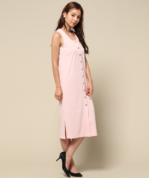 goocy（グースィー）の「フロントボタンリブロングワンピース（ワンピース・レディース・ピンク/マスタード/ネイビー/グレー・FREE）」の4枚目の写真