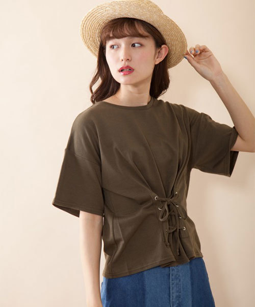 OLIVE des OLIVE（オリーブデオリーブ）の「★フロントレースアッププルオーバー （Tシャツ/カットソー・レディース・カーキ/ブラック/オフホワイト/レンガ・FREE）」の3枚目の写真