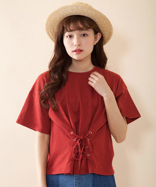 OLIVE des OLIVE（オリーブデオリーブ）の「★フロントレースアッププルオーバー （Tシャツ/カットソー・レディース・カーキ/ブラック/オフホワイト/レンガ・FREE）」の4枚目の写真