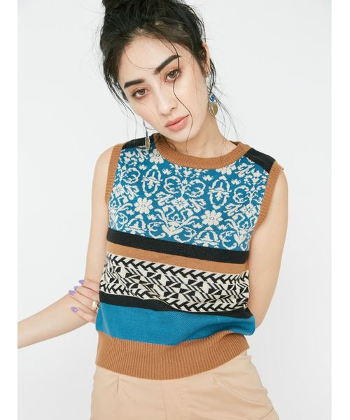EVRIS（エヴリス）の「オリエンタルジャガードタンクKNITプルオーバー（ニット/セーター・レディース・オレンジ/ブルー/ベージュ・FREE）」の8枚目の写真
