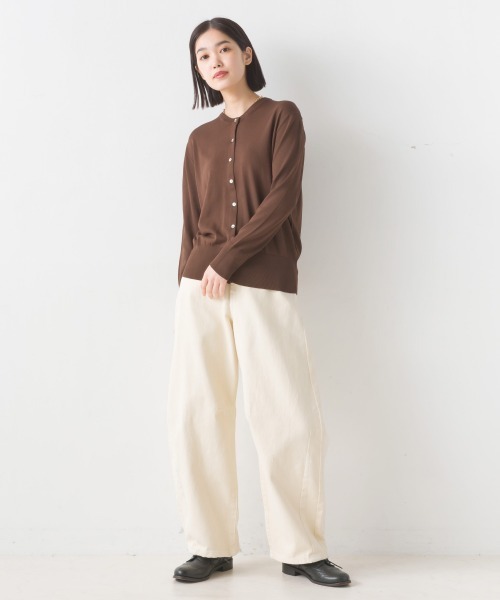 レーヨンナイロン シェルボタンクルーネックニットカーディガン