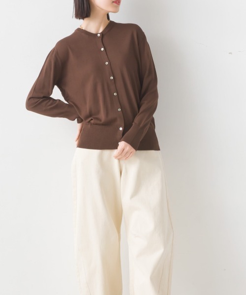 レーヨンナイロン シェルボタンクルーネックニットカーディガン