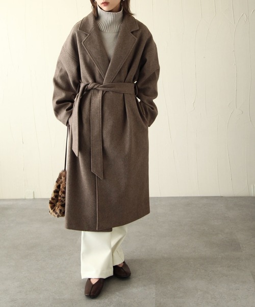 Chillfar（チルファー）の「ウールライクサイドスリットオーバーコート（チェスターコート・レディース・グリーン/アイボリー/チャコール/ベージュ/ブラウン/ブルー/ブラック・MEDIUM/LARGE）」の17枚目の写真