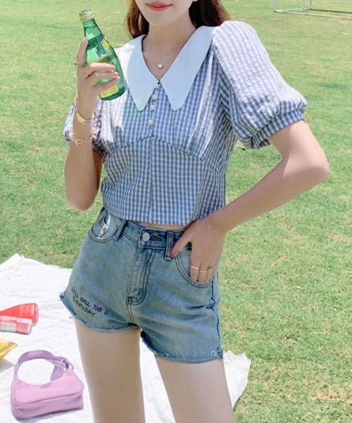 ABITOKYO(アビトーキョー)の「パワーショルダー配色ビック襟ギンガムチェックブラウス(半袖)(シャツ/ブラウス・レディース・グリーン/ブルー/イエロー・S/M)」の5枚目の写真