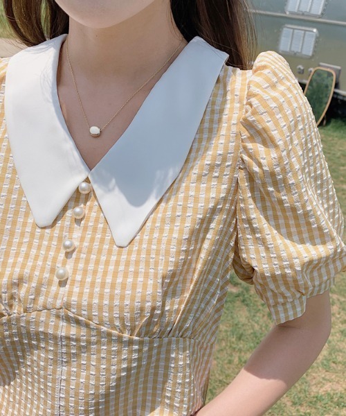 ABITOKYO(アビトーキョー)の「パワーショルダー配色ビック襟ギンガムチェックブラウス(半袖)(シャツ/ブラウス・レディース・グリーン/ブルー/イエロー・S/M)」の10枚目の写真